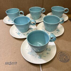 Metlox Vernon Heavenly Days Atomic Turquoise Blue Cups Saucers Set of (6)